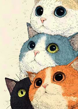 Stack of Four Cute Cats Illustration