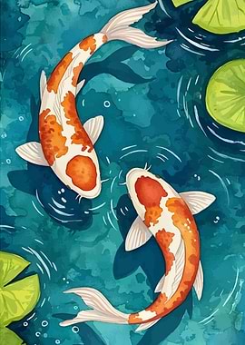 Watercolor Koi Fish Pond Illustration