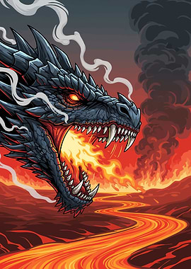 Dragon breathing fire lava river