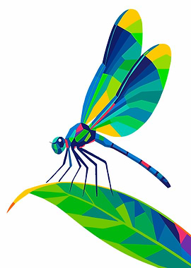 Colorful Geometric Dragonfly on Leaf
