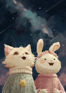 Cat and Rabbit Under Starry Sky