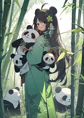 Anime Girl with Pandas in Bamboo Forest