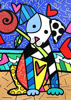 Colorful Dog with Rose Pop Art by Romero Britto