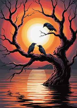 Crows on a Tree at Sunset