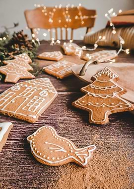 Christmas Gingerbread Cookies on Wooden Table
