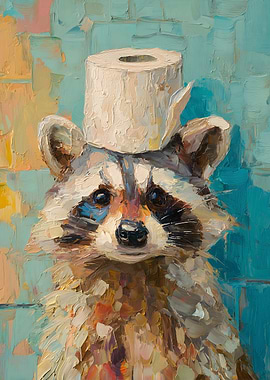 Raccoon with Toilet Paper Hat Painting