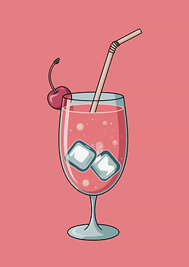 Pink Cocktail with Cherry and Ice