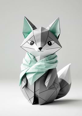 Cute Origami Fox Paper Sculpture — Geometric Gray Fox with Mint Scarf Photography Print