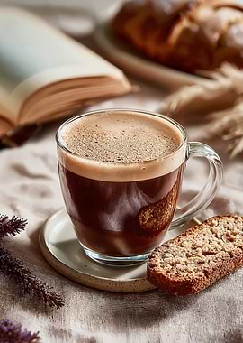 Coffee, Biscotti, and Open Book Still Life