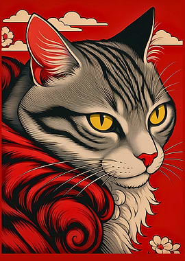 Stylized Cat Portrait with Red Accents