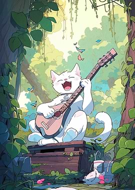 Cartoon Cat Playing Guitar in Forest