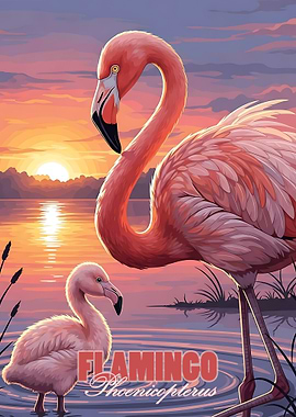 Flamingos at Sunset Illustration