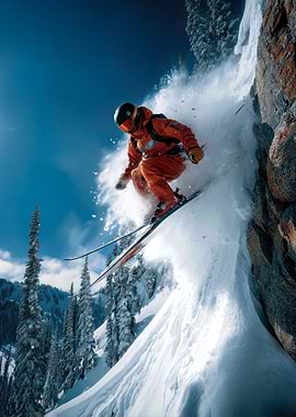 Skier in Action on Snowy Mountain