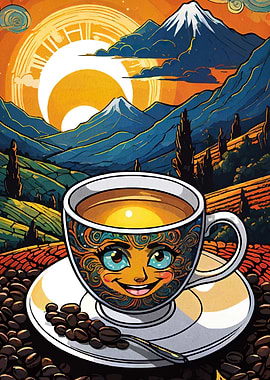 Coffee Cup with Face in Landscape