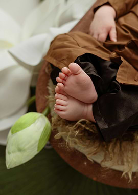 Newborn baby feet in brown outfit