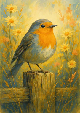 Robin Bird on Fence Post Painting