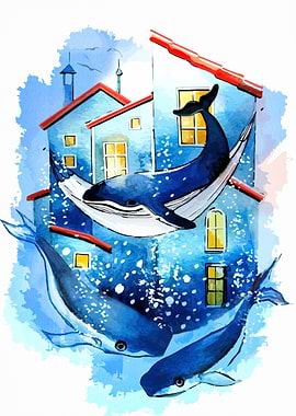 Whales and Houses Watercolor Painting