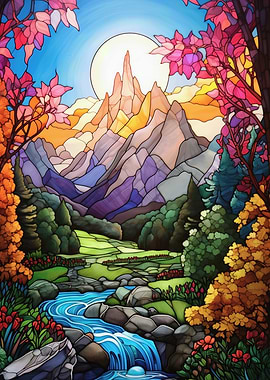 Stained Glass Mountain Landscape