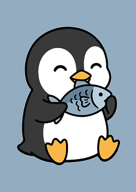 Cute Penguin with Fish Cartoon Illustration