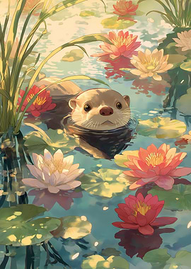 Otter in Lily Pond