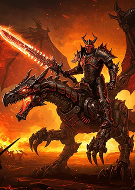 Knight Mechanical Dragon Fiery Landscape