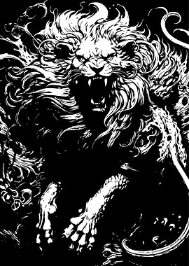 Monochrome Lion Roaring Graphic Illustration