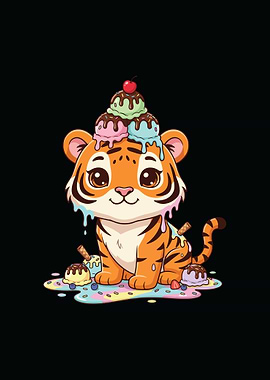 Cute Tiger with Ice Cream Cartoon