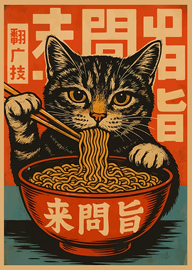 Cat eating noodles poster