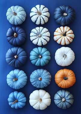 Blue and White Pumpkin Arrangement | Moody Fall Wall Art