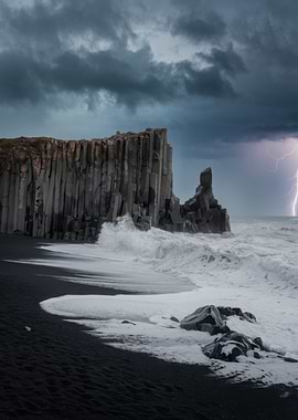 Dramatic Icelandic Coastline with Lightning