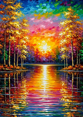 Colorful Vibrant Autumn Lake Painting