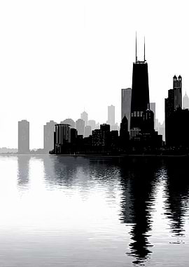 Chicago Skyline Black and White Reflection