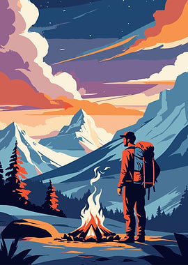 Hiker by Campfire Mountain Landscape Art