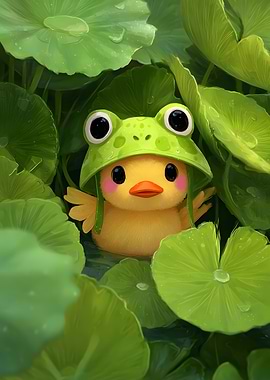 Duckling with Frog Hat in Lilypads