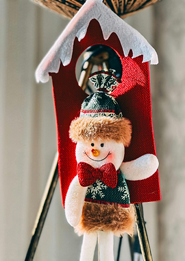 Festive Snowman Ornament with Red House