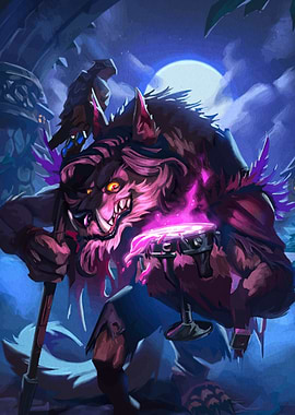 Werewolf with Glowing Drum in Dark Forest