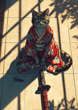 Samurai Cat in Kimono with Katana