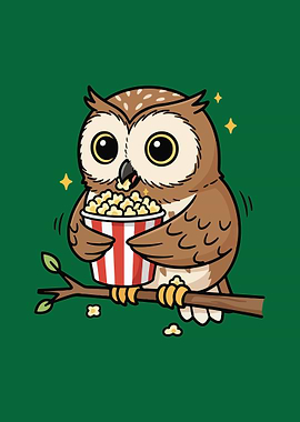 Cartoon Owl Eating Popcorn on Branch
