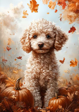 Autumn Poodle Portrait with Pumpkins | Autumn Dog Art