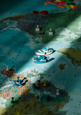 World Map with Toy Boats and Pins