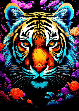 Colorful Tiger Portrait with Floral Accents