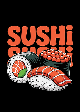 Sushi Cartoon Illustration on Black Background