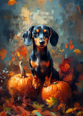 Dachshund with Pumpkins Painting | Fall Dog Portrait