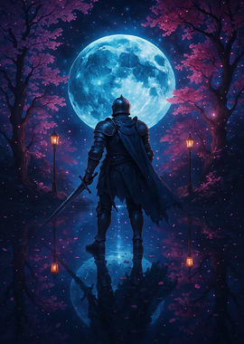 Knight under the moonlit cherry trees