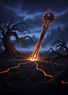 Fiery Sword Dark Fantasy Landscape