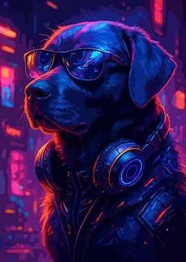 Cyberpunk Dog with Headphones and Glasses Art