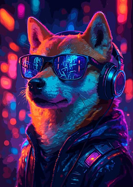 Cyberpunk Shiba Inu with Headphones