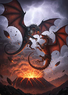 Dragons Clash Above Volcano