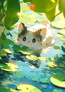 Cute Cat in Lily Pond Illustration