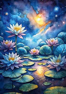 Watercolor Lotus Pond at Night